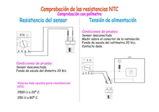 Condiciones de prueba: 
Sensor desconectado. 
Fondo de escala del óhmetro 20 KΩ. 
Valores más usuales para resistencias 
NTC: 
2500 Ω a 20º C. 
250 Ω a 80º C. 
Condiciones de prueba: 
Sensor desconectado 
Medir sobre el conector de la instalación. 
Fondo de escala del voltímetro 20 Vcc. 
Contacto dado. 
 