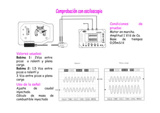 Condiciones de 
prueba: 
Motor en marcha. 
Amplitud 1 V/d de Ca. 
Base de tiempos 
0,05mS/d 
Valores usuales: 
Bobina 1: 2Vca entre 
picos a ralenti y plena 
carga. 
Bobina 2: 1,5 Vca entre 
picos a ralentí y 
3 Vca entre picos a plena 
carga 
Uso de la señal: 
Ajuste de caudal 
inyectado. 
Cálculo de masa de 
combustible inyectado 
 