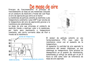 Principio de funcionamiento: el principio de 
funcionamiento se basa en una membrana colocada 
en un conducto de medición a través del cual fluye 
el aire de aspiración que entra en el motor. 
La membrana de película caliente se mantiene a una 
temperatura constante ( unos 120º C por encima de 
la temperatura del aire de aspiración) gracias a la 
resistencia de calentamiento. 
La masa de aire que atraviesa el conducto de 
medición tiende a sustraer calor a la membrana, 
por tanto para mantenerla a temperatura 
constante, una cierta corriente debe de fluir a 
través de la resistencia. 
El sensor de película caliente es una 
termoresistencia PTC, cuyo valor de 
resistencia crece con el aumento de la 
temperatura. 
Al aumentar la cantidad de aire aspirado la 
resistencia del sensor disminuye, ya que 
disminuye su temperatura. Esto provoca un 
desequilibrio en el puente de resistencias, 
aumentando el voltaje de salida por el pin 5 
hacia la UCE como valor de referencia de 
masa de aire aspirado 
Sonda de temperatura 
Señal de salida Alimentación película caliente 
 