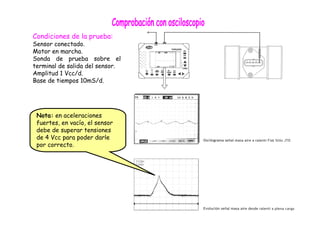 Condiciones de la prueba: 
Sensor conectado. 
Motor en marcha. 
Sonda de prueba sobre el 
terminal de salida del sensor. 
Amplitud 1 Vcc/d. 
Base de tiempos 10mS/d. 
Nota: en aceleraciones 
fuertes, en vacío, el sensor 
debe de superar tensiones 
de 4 Vcc para poder darle 
por correcto. 
 