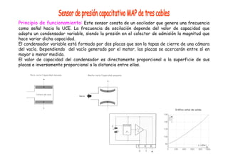 Principio de funcionamiento: Este sensor consta de un oscilador que genera una frecuencia 
como señal hacia la UCE. La frecuencia de oscilación depende del valor de capacidad que 
adopta un condensador variable, siendo la presión en el colector de admisión la magnitud que 
hace variar dicha capacidad. 
El condensador variable está formado por dos placas que son la tapas de cierre de una cámara 
del vacío. Dependiendo del vacío generado por el motor, las placas se acercarán entre sí en 
mayor o menor medida. 
El valor de capacidad del condensador es directamente proporcional a la superficie de sus 
placas e inversamente proporcional a la distancia entre ellas. 
 