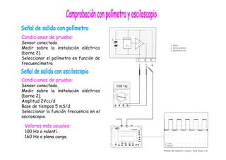 Condiciones de prueba: 
Sensor conectado. 
Medir sobre la instalación eléctrica 
(borne 2). 
Seleccionar el polímetro en función de 
frecuencímetro. 
Condiciones de prueba: 
Sensor conectado. 
Medir sobre la instalación eléctrica 
(borne 2). 
Amplitud 2Vcc/d 
Base de tiempos 5 mS/d. 
Seleccionar la función frecuencia en el 
osciloscopio. 
Valores más usuales: 
100 Hz a ralentí. 
160 Hz a plena carga. 
 