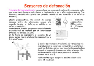 Principio de funcionamiento: La mayoría de los sensores de detonación empleados en las 
gestiones electrónicas actuales basan u funcionamiento en el efecto piezoeléctrico ( un 
elemento piezoeléctrico genera una pequeña tensión al ser sometido a un esfuerzo 
mecánico). 
Efecto piezoeléctrico. Un cristal de cuarzo 
1 Elemento 
colocado entre dos electrodos, genera una 
piezoeléctrico 
pequeña tensión al deformarse debido a un 
2 Electrodos. 
esfuerza mecánico. 
3 Esfuerzo 
Normalmente, la señal que proporciona el elemento 
mecánico 
piezoeléctrico es tratada por un amplificador 
entes de ser enviada a la UCE. 
En la figura se representa el esquema de un 
sensor donde 1 sería el elemento piezoeléctrico y 
2 el amplificador. 
El sensor de detonación transforma las vibraciones que 
se producen en la cámara de combustión en una tensión 
eléctrica. Debido a estoes muy importante respeta el par 
de apriete en caso de intervención sobre el sensor. Un 
apriete excesivo o deficiente provocaría una señal 
errónea hacia la UCE. 
Normalmente el par de apriete de este sensor oscila 
entre 1,5 y 2,5 Kgm. 
 