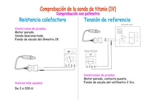 Condiciones de prueba: 
Motor parado. 
Sonda desconectada. 
Fondo de escala del óhmetro 2K 
Valores más usuales: 
De 2 a 200 Ω 
Condiciones de prueba: 
Motor parado, contacto puesto. 
Fondo de escala del voltímetro 2 Vcc 
 