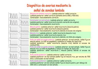 Regulación lambda correcta. Lambda anterior: señal correcta. 
Lambda posterior: señal correcta (estable entre 200 y 700 mV) 
Catalizador: funcionamiento correcto 
Catalizador en mal estado. Lambda anterior: señal correcta. 
Lambda posterior: señal incorrecta (existe variación de oxígeno). 
Catalizador: funcionamiento incorrecto 
Mezcla pobre. Lambda anterior: señal incorrecta (mezcla pobre). 
Lambda posterior: señal incorrecta (mezcla pobre). 
Catalizador: funcionamiento incorrecto debido al exceso de oxígeno. 
Mezcla rica. Lambda anterior: señal incorrecta (mezcla rica). 
Lambda posterior: señal incorrecta mezcla rica. 
Catalizador: funcionamiento incorrecto debido a la falta de oxígeno. 
Fallo de señal de sonda anterior. Lambda anterior: en mal estado. Señal fija en 
mezcla pobre. La UCE es engañada y aumenta el tiempo de inyección. 
Lambda posterior: señal incorrecta (mezcla rica) debido al exceso de 
combustible. 
Fallo de señal en sonda anterior. Lambda anterior: en mal estado. Señal fija en 
mezcla rica. La UCE es engañada y reduce el tiempo de inyección. 
Lambda posterior: señal incorrecta ( mezcla pobre) debido al exceso de 
oxígeno. 
Fallo sonda posterior. Lambda anterior: señal correcta. 
Lambda posterior: en mal estado (señal fija en mezcla rica, por encima de 700 
mV) o catalizador en mal estado. 
Fallo sonda posterior. Lambda anterior: señal correcta. 
Lambda posterior: en mal estado (señal fija en mezcla pobre, por debajo de 
300 mV) o catalizador en mal estado. 
 