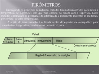 PIRÔMETROS Empregando os princípios da radiação, métodos foram desenvolvidos para medir a temperatura de superfícies sem que haja contato do sensor com a superfície. Esses métodos eliminaram os problemas de estabilidade e isolamento inerentes às medições, por contato, de altas temperaturas.  A região do infravermelho é utilizada dentro do espectro eletromagnético para caracterizar temperatura, medindo sua radiação térmica. 24/02/10 JOÃO NOGUEIRA 