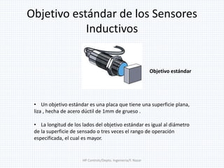 Objetivo estándar de los Sensores
Inductivos
Objetivo estándar
• Un objetivo estándar es una placa que tiene una superficie plana,
liza , hecha de acero dúctil de 1mm de grueso .
• La longitud de los lados del objetivo estándar es igual al diámetro
de la superficie de sensado o tres veces el rango de operación
especificada, el cual es mayor.
HP Controls/Depto. Ingenieria/F. Nazar
 