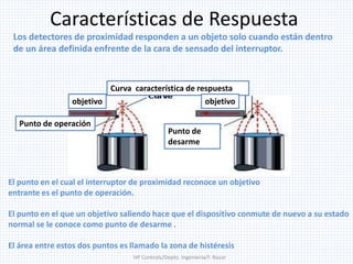 Características de Respuesta
Punto de operación
objetivo
Curva característica de respuesta
Punto de
desarme
objetivo
El punto en el cual el interruptor de proximidad reconoce un objetivo
entrante es el punto de operación.
El punto en el que un objetivo saliendo hace que el dispositivo conmute de nuevo a su estado
normal se le conoce como punto de desarme .
El área entre estos dos puntos es llamado la zona de histéresis
Los detectores de proximidad responden a un objeto solo cuando están dentro
de un área definida enfrente de la cara de sensado del interruptor.
HP Controls/Depto. Ingenieria/F. Nazar
 