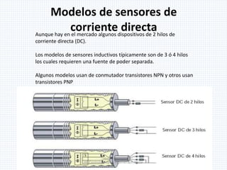 Modelos de sensores de
corriente directaAunque hay en el mercado algunos dispositivos de 2 hilos de
corriente directa (DC).
Los modelos de sensores inductivos típicamente son de 3 ó 4 hilos
los cuales requieren una fuente de poder separada.
Algunos modelos usan de conmutador transistores NPN y otros usan
transistores PNP
HP Controls/Depto. Ingenieria/F. Nazar
 