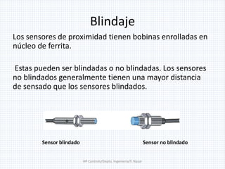 Blindaje
Los sensores de proximidad tienen bobinas enrolladas en
núcleo de ferrita.
Estas pueden ser blindadas o no blindadas. Los sensores
no blindados generalmente tienen una mayor distancia
de sensado que los sensores blindados.
Sensor blindado Sensor no blindado
HP Controls/Depto. Ingenieria/F. Nazar
 
