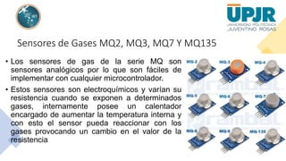 Sensores de Gases MQ2, MQ3, MQ7 Y MQ135
• Los sensores de gas de la serie MQ son
sensores analógicos por lo que son fáciles de
implementar con cualquier microcontrolador.
• Estos sensores son electroquímicos y varían su
resistencia cuando se exponen a determinados
gases, internamente posee un calentador
encargado de aumentar la temperatura interna y
con esto el sensor pueda reaccionar con los
gases provocando un cambio en el valor de la
resistencia
 