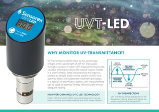 UV Transmittance (UVT) refers to the percentage
of light at the wavelength of 254 nm that passes
through a sample of water. UVT measurements provide
valuable information about the natural organic matter
in a water sample. Data characterizing the organics
content of sample water can be used to control and
optimize water and wastewater treatment processes.
In a typical UV disinfection system, UVT measurements
can be used to optimize energy efficiency and ensure
adequate dosing.
-LED
™
UV DISINFECTION
UVT monitoring allows adjustment of UV
disinfection dosing above and below the
system’s typical value (design UVT).
WHY MONITOR UV-TRANSMITTANCE?
HIGH PERFORMANCE UV-C LED TECHNOLOGY
Instant LED illumination offers many advantages over mercury
lamps including more stable readings and much longer lifetime.
 