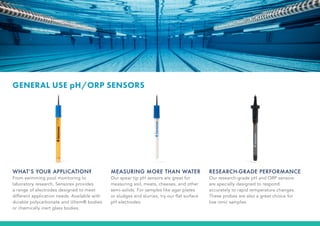 WHAT’S YOUR APPLICATION?
From swimming pool monitoring to
laboratory research, Sensorex provides
a range of electrodes designed to meet
different application needs. Available with
durable polycarbonate and Ultem® bodies
or chemically inert glass bodies.
GENERAL USE pH/ORP SENSORS
MEASURING MORE THAN WATER
Our spear tip pH sensors are great for
measuring soil, meats, cheeses, and other
semi-solids. For samples like agar plates
or sludges and slurries, try our flat surface
pH electrodes.
RESEARCH-GRADE PERFORMANCE
Our research-grade pH and ORP sensors
are specially designed to respond
accurately to rapid temperature changes.
These probes are also a great choice for
low ionic samples.
 