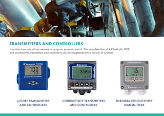 TRANSMITTERS AND CONTROLLERS
CONDUCTIVITY TRANSMITTERS
AND CONTROLLERS
TOROIDAL CONDUCTIVITY
TRANSMITTERS
pH/ORP TRANSMITTERS
AND CONTROLLERS
Use data from any of our sensors to program process control. Our complete line of 4-20mA pH, ORP,
and conductivity transmitters and controllers can be integrated into a variety of systems.
 