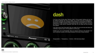Aynne Valencia | Design Director




                                                        dash
                                                        A roll up of your driving data. Sensors collect: driving speed, braking and can log
                                                        the distance between the time you began your journey and time to destination -
                                                        this can be compared with averages for that distance to extrapolate the difference.
                                                        Depending on trafﬁc conditions, driving behavior dash will give the user a roll up of
                                                        the drive for a split second interaction right after the car stops and key removed
                                                        from ignition.

                                                        If the user wants more information they can select the icon and see what data was
                                                        collected or ignore it and it will be added to a driving log.

                                                        Enables your car to commiserate, help you improve driving or just provide a fun
                                                        way to provoke curiosity while being transparent that data is being collected.




                                                        Transportation | Transparency | Emotive | Self-disclosing Object




Copyright © 2011 Aynne Valencia. All rights reserved.
                                                                                                                         CONFIDENTIAL           11
 