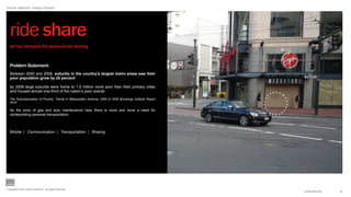 Aynne Valencia | Design Director




  ride share
  ad hoc transport for personal car sharing


  Problem Statement:
  Between 2000 and 2008, suburbs in the country’s largest metro areas saw their
  poor population grow by 25 percent

  by 2008 large suburbs were home to 1.5 million more poor than their primary cities
  and housed almost one-third of the nation’s poor overall.

  The Suburbanization of Poverty: Trends in Metropolitan America, 2000 to 2008 Brookings Institute Report
  2010

  As the price of gas and auto maintenance rises there is more and more a need for
  reinterpreting personal transportation,



  Mobile | Communication | Transportation | Sharing




Copyright © 2011 Aynne Valencia. All rights reserved.
                                                                                                            CONFIDENTIAL   15
 