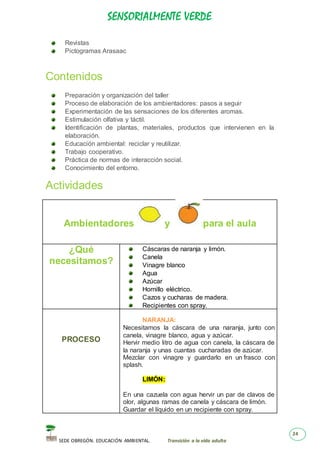 SENSORIALMENTE VERDE
SEDE OBREGÓN. EDUCACIÓN AMBIENTAL. Transición a la vida adulta
24
Revistas
Pictogramas Arasaac
Contenidos
Preparación y organización del taller
Proceso de elaboración de los ambientadores: pasos a seguir
Experimentación de las sensaciones de los diferentes aromas.
Estimulación olfativa y táctil.
Identificación de plantas, materiales, productos que intervienen en la
elaboración.
Educación ambiental: reciclar y reutilizar.
Trabajo cooperativo.
Práctica de normas de interacción social.
Conocimiento del entorno.
Actividades
Ambientadores y para el aula
¿Qué
necesitamos?
Cáscaras de naranja y limón.
Canela
Vinagre blanco
Agua
Azúcar
Hornillo eléctrico.
Cazos y cucharas de madera.
Recipientes con spray.
PROCESO
NARANJA:
Necesitamos la cáscara de una naranja, junto con
canela, vinagre blanco, agua y azúcar.
Hervir medio litro de agua con canela, la cáscara de
la naranja y unas cuantas cucharadas de azúcar.
Mezclar con vinagre y guardarlo en un frasco con
splash.
LIMÓN:
En una cazuela con agua hervir un par de clavos de
olor, algunas ramas de canela y cáscara de limón.
Guardar el líquido en un recipiente con spray.
 