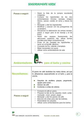 SENSORIALMENTE VERDE
SEDE OBREGÓN. EDUCACIÓN AMBIENTAL. Transición a la vida adulta
25
Pasos a seguir: • Hacer la lista de la compra recortando
imágenes.
• Comprar los ingredientes de los dos
ambientadores: limones, naranjas, vinagre
blanco, azúcar, canela en rama y clavos de
olor.
• Manipular y oler los ingredientes
• Identificar y asociar con los pictogramas de
vocabulario.
• Secuenciar la elaboración de ambas recetas:
pasos a seguir para el de naranja y el de
limón.
• Hacer dos equipos favoreciendo las
elecciones: podemos rifar, utilizar formas
sociales para elegir compañeros-as,
• Poner en las cazuelas los ingredientes y
hervir en el hornillo eléctrico.
• Concepto de frío, caliente y templado
• Meter recipientes con spray
• Utilizar como ambientadores de aula
Ambientadores para el baño y cocina
Necesitamos:
El grano de café neutraliza los malos olores, así que
lo utilizaremos especialmente en el baño y para la
cocina.
Saquitos de arpillera, grapas, pegamento,
agujas para coser…
Granos de café
Cordones o cintas de colores
Pasos a seguir
• Comprar el café en grano.
• Preparar la tela de los saquitos: medir, cortar,
manipular, coser, grapar, pegar…
• Manipular y oler los granos de café.
• Elección de cintas para atar las bolsitas.
• Personalizar los saquitos.
• Utilizar como ambientadores para los baños.
 
