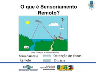 O que é Sensoriamento
       Remoto?




          Fonte: (nasa.gov, acesso em 19/09/09)

Sensoriamento                          Obtenção de dados
Remoto                                 Distante


   Unidade Síntese
 