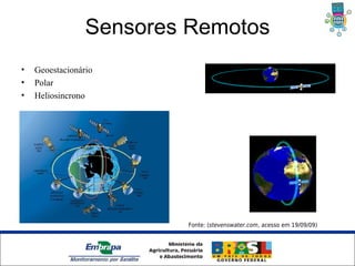 Sensores Remotos
•   Geoestacionário
•   Polar
•   Heliosincrono




                                   Fonte: (stevenswater.com, acesso em 19/09/09)




                 Unidade Síntese
 