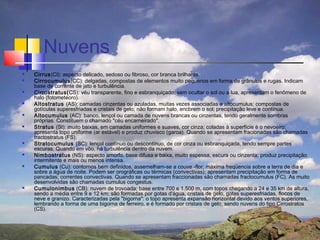 Nuvens
   Cirrus(CI): aspecto delicado, sedoso ou fibroso, cor branca brilhante.
   Cirrocumulus(CC): delgadas, compostas de elementos muito pequenos em forma de grânulos e rugas. Indicam
    base de corrente de jato e turbulência.
   Cirrostratus(CS): véu transparente, fino e esbranquiçado, sem ocultar o sol ou a lua, apresentam o fenômeno de
    halo (fotometeoro).
   Altostratus (AS): camadas cinzentas ou azuladas, muitas vezes associadas a altocumulus; compostas de
    gotículas superesfriadas e cristais de gelo; não formam halo, encbrem o sol; precipitação leve e contínua.
   Altocumulus (AC): banco, lençol ou camada de nuvens brancas ou cinzentas, tendo geralmente sombras
    próprias. Constituem o chamado "céu encarneirado".
   Stratus (St): muito baixas, em camadas uniformes e suaves, cor cinza; coladas à superfície é o nevoeiro;
    apresenta topo uniforme (ar estável) e produz chuvisco (garoa). Quando se apresentam fracionadas são chamadas
    fractostratus (FS).
   Stratocumulus (SC): lençol contínuo ou descontínuo, de cor cinza ou esbranquiçada, tendo sempre partes
    escuras. Quando em vôo, há turbulência dentro da nuvem.
   Nimbostratus (NS): aspecto amorfo, base difusa e baixa, muito espessa, escura ou cinzenta; produz precipitação
    intermitente e mais ou menos intensa.
   Cumulus (Cu): contornos bem definidos, assemelham-se a couve -flor; máxima freqüencia sobre a terra de dia e
    sobre a água de noite. Podem ser orográficas ou térmicas (convectivas); apresentam precipitação em forma de
    pancadas; correntes convectivas. Quando se apresentam fraccionadas são chamadas fractocumulus (FC). As muito
    desenvolvidas são chamadas cumulus congestus.
   Cumulonimbus (CB): nuvem de trovoada; base entre 700 e 1.500 m, com topos chegando a 24 e 35 km de altura,
    sendo a média entre 9 e 12 km; são formadas por gotas d'água, cristais de gelo, gotas superesfriadas, flocos de
    neve e granizo. Caracterizadas pela "bigorna": o topo apresenta expansão horizontal devido aos ventos superiores,
    lembrando a forma de uma bigorna de ferreiro, e é formado por cristais de gelo, sendo nuvens do tipo Cirrostratos
    (CS).
 