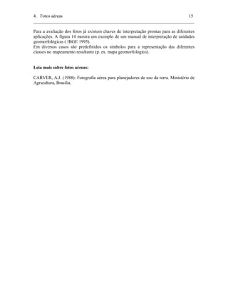 4. Fotos aéreas 15 
________________________________________________________________________ 
Para a avaliação dos fotos já existem chaves de interpretação prontas para as diferentes 
aplicações. A figura 14 mostra um exemplo de um manual de interpretação de unidades 
geomorfológicas ( IBGE 1995). 
Em diversos casos são predefinidos os símbolos para a representação das diferentes 
classes no mapeamento resultante (p. ex. mapa geomorfológico). 
Leia mais sobre fotos aéreas: 
CARVER, A.J. (1988): Fotografia aérea para planejadores de uso da terra. Ministério de 
Agricultura, Brasilia. 
 
