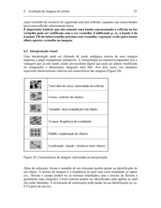 6. Avaliação de imagens de satélite 25 
________________________________________________________________________ 
canal vermelho do monitor) foi registrada uma alta reflexão, enquanto nas outras bandas 
havia uma reflexão relativamente baixa. 
É importante lembrar que não somente uma banda representando a reflexão na luz 
vermelha pode ser codificada com a cor vermelha. Codificando p. ex. a banda 4 do 
Landsat TM do infravermelho próximo com vermelho, vegetação verde (para nossos 
olhos) aparece vermelho na imagem. 
6.2 Interpretação visual 
Uma interpretação pode ser efetuada de modo analógico através de uma imagem 
impressa e papel transparente sobreposto. A interpretação no monitor/computador tem a 
vantagem que já está sendo criado um resultado digital que pode ser depois modificado 
no computador e diretamente integrado num SIG. Nos dois casos, um intérprete 
experiente intuitivamente valoriza seis caraterísticas das imagens (Figura 24). 
Figura 24: Características de imagens valorizadas na interpretação 
Além da coloração, forma e tamanho de um elemento podem ajudar na identificação de 
um objeto. A textura da imagem é a freqüência na qual uma certa tonalidade se repete 
(ex.: floresta e campo podem ter as mesmas tonalidades, mas a textura da floresta é 
geralmente mais irregular). Certas culturas podem ser identificados pelo padrão no qual 
eles estão plantadas. A localização de construções pode ajudar na sua identificação (p. ex. 
ETA perto de um rio). 
 
