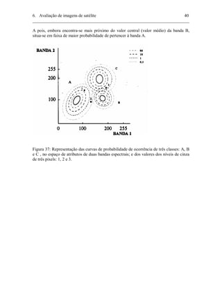 6. Avaliação de imagens de satélite 40 
________________________________________________________________________ 
A pois, embora encontra-se mais próximo do valor central (valor médio) da banda B, 
situa-se em faixa de maior probabilidade de pertencer à banda A. 
Figura 37: Representação das curvas de probabilidade de ocorrência de três classes: A, B 
e C , no espaço de atributos de duas bandas espectrais; e dos valores dos níveis de cinza 
de três pixels: 1, 2 e 3. 
 