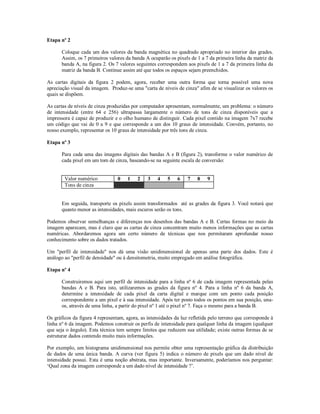 Etapa nº 2 
Coloque cada um dos valores da banda magnética no quadrado apropriado no interior das grades. 
Assim, os 7 primeiros valores da banda A ocuparão os pixels de 1 a 7 da primeira linha da matriz da 
banda A, na figura 2. Os 7 valores seguintes correspondem aos pixels de 1 a 7 da primeira linha da 
matriz da banda B. Continue assim até que todos os espaços sejam preenchidos. 
As cartas digitais da figura 2 podem, agora, receber uma outra forma que torna possível uma nova 
apreciação visual da imagem. Produz-se uma "carta de níveis de cinza" afim de se visualizar os valores os 
quais se dispõem. 
As cartas de níveis de cinza produzidas por computador apresentam, normalmente, um problema: o número 
de intensidade (entre 64 e 256) ultrapassa largamente o número de tons de cinza disponíveis que a 
impressora é capaz de produzir e o olho humano de distinguir. Cada pixel contido na imagem 7x7 recebe 
um código que vai de 0 a 9 e que corresponde a um dos 10 graus de intensidade. Convém, portanto, no 
nosso exemplo, representar os 10 graus de intensidade por três tons de cinza. 
Etapa nº 3 
Para cada uma das imagens digitais das bandas A e B (figura 2), transforme o valor numérico de 
cada pixel em um tom de cinza, baseando-se na seguinte escala de conversão: 
Valor numérico 0 1 2 3 4 5 6 7 8 9 
Tons de cinza 
Em seguida, transporte os pixels assim transformados até as grades da figura 3. Você notará que 
quanto menor as intensidades, mais escuros serão os tons. 
Podemos observar semelhanças e diferenças nos desenhos das bandas A e B. Certas formas no meio da 
imagem aparecam, mas é claro que as cartas de cinza concentram muito menos informações que as cartas 
numéricas. Abordaremos agora um certo número de técnicas que nos permitaram aprofundar nosso 
conhecimento sobre os dados tratados. 
Um "perfil de intensidade" nos dá uma visão unidimensional de apenas uma parte dos dados. Este é 
análogo ao "perfil de densidade" ou à densitometria, muito empregado em análise fotográfica. 
Etapa nº 4 
Construiremos aqui um perfil de intensidade para a linha nº 6 de cada imagem representada pelas 
bandas A e B. Para isto, utilizaremos as grades da figura nº 4. Para a linha nº 6 da banda A, 
determine a intensidade de cada pixel da carta digital e marque com um ponto cada posição 
correspondente a um pixel e à sua intensidade. Após ter posto todos os pontos em sua posição, una-os, 
através de uma linha, a partir do pixel nº 1 até o pixel nº 7. Faça o mesmo para a banda B. 
Os gráficos da figura 4 representam, agora, as intensidades da luz refletida pelo terreno que corresponde à 
linha nº 6 da imagem. Podemos construir os perfis de intensidade para qualquer linha da imagem (qualquer 
que seja o ângulo). Esta técnica tem sempre limites que reduzem sua utilidade; existe outras formas de se 
estruturar dados contendo muito mais informações. 
Por exemplo, um histograma unidimensional nos permite obter uma representação gráfica da distribuição 
de dados de uma única banda. A curva (ver figura 5) indica o número de pixels que um dado nível de 
intensidade possui. Esta é uma noção abstrata, mas importante. Inversamente, poderíamos nos perguntar: 
‘Qual zona da imagem corresponde a um dado nível de intensidade ?’. 
 