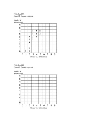 FIGURA 14A 
Cena #2, Espaço espectral 
Banda ‘B’ 
Intensidade 
9 
8 
7 1 8 8 
6 1 2 2 
5 3 2 1 
4 7 2 
3 5 
2 
1 2 
0 3 2 
0 1 2 3 4 5 6 7 8 9 
Banda ‘A’ Intensidade 
FIGURA 14B 
Cena #2, Espaço espectral 
Banda ‘B’ 
Intensidade 
9 
8 
7 
6 
5 
4 
3 
2 
1 
0 
0 1 2 3 4 5 6 7 8 9 
Banda ‘A’ Intensidade 
 