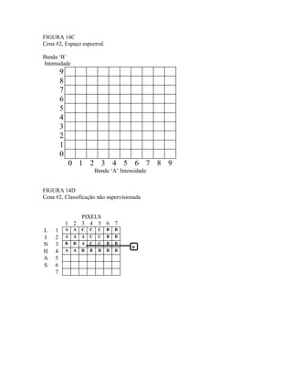 FIGURA 14C 
Cena #2, Espaço espectral. 
Banda ‘B’ 
Intensidade 
9 
8 
7 
6 
5 
4 
3 
2 
1 
0 
0 1 2 3 4 5 6 7 8 9 
Banda ‘A’ Intensidade 
FIGURA 14D 
Cena #2, Classificação não supervisionada 
PIXELS 
1 2 3 4 5 6 7 
L 1 A A C C C B B 
I 2 A A A C C B B 
N 3 B B A C C B B 
H 4 A A B B B B B 
A 5 
S 6 
7 
* 
