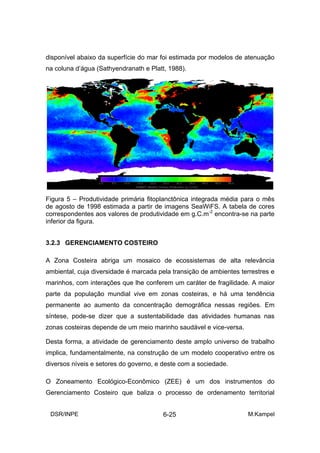 disponível abaixo da superfície do mar foi estimada por modelos de atenuação
na coluna d’água (Sathyendranath e Platt, 1988).




Figura 5 – Produtividade primária fitoplanctônica integrada média para o mês
de agosto de 1998 estimada a partir de imagens SeaWiFS. A tabela de cores
correspondentes aos valores de produtividade em g.C.m-2 encontra-se na parte
inferior da figura.


3.2.3 GERENCIAMENTO COSTEIRO

A Zona Costeira abriga um mosaico de ecossistemas de alta relevância
ambiental, cuja diversidade é marcada pela transição de ambientes terrestres e
marinhos, com interações que lhe conferem um caráter de fragilidade. A maior
parte da população mundial vive em zonas costeiras, e há uma tendência
permanente ao aumento da concentração demográfica nessas regiões. Em
síntese, pode-se dizer que a sustentabilidade das atividades humanas nas
zonas costeiras depende de um meio marinho saudável e vice-versa.

Desta forma, a atividade de gerenciamento deste amplo universo de trabalho
implica, fundamentalmente, na construção de um modelo cooperativo entre os
diversos níveis e setores do governo, e deste com a sociedade.

O Zoneamento Ecológico-Econômico (ZEE) é um dos instrumentos do
Gerenciamento Costeiro que baliza o processo de ordenamento territorial


 DSR/INPE                               6-25                        M.Kampel
 