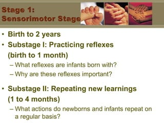 Stage 1: Sensorimotor Stage Birth to 2 years Substage I: Practicing reflexes  	(birth to 1 month) What reflexes are infants born with? Why are these reflexes important? Substage II: Repeating new learnings  	(1 to 4 months) What actions do newborns and infants repeat on a regular basis? 