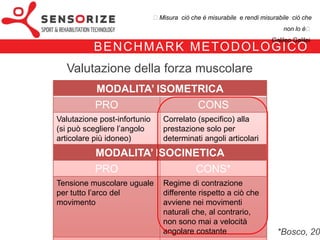 ₺Misura ciò che è misurabile e rendi misurabile ciò che non lo è₺
                                                                                             Galileo Galilei


                  B E N C H M A R K M E TO D O LO G I CO
                     Valutazione della forza muscolare
                          MODALITA’ ISOMETRICA
                   PRO                                        CONS
Valutazione post-infortunio                 Correlato (specifico) alla prestazione solo
(si può scegliere l’angolo articolare più   per determinati angoli articolari
idoneo)

                       MODALITA’ ISOCINETICA
                   PRO                     CONS*
Tensione muscolare uguale per tutto         Regime di contrazione differente rispetto
l’arco del movimento                        a ciò che avviene nei movimenti naturali
                                            che, al contrario, non sono mai a velocità
                                            angolare costante

                                            Da effettuare lontano dall’intervento
                                                                                            *Bosco, 2000
 