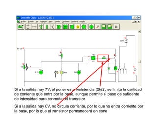 Si a la salida hay 7V, al poner esta resistencia (2k  ), se limita la cantidad de corriente que entra por la base, aunque permite el paso de suficiente de intensidad para conmutar el transistor Si a la salida hay 0V, no circula corriente, por lo que no entra corriente por la base, por lo que el transistor permanecerá en corte 