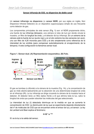 Jose Luis Cavasassi Cavadevices.com
Sensor infrarojo de CO2, no dispersivo de doble canal
Un sensor infrarrojo no dispersivo (o sensor NDIR, por sus siglas en inglés, Non
Dispersive Infrared Detector) es un dispositivo espectroscópico simple de uso frecuente
como detector de gas.
Los componentes principales de este sensor (Fig. 1) son: el NDIR propiamente dicho,
una fuente de luz infrarroja (lámpara), una cámara (o tubo de luz) por donde circula la
muestra, un filtro de longitud de onda, y el detector de luz infrarroja. En un extremo de la
cámara está la fuente de luz (punto rojo) y en el otro extremo los dos sensores (en azul),
uno con filtro de 4,26 micrones para CO2 y el otro simplemente como referencia de la
intensidad de luz emitida (para compensar automáticamente el envejecimiento de la
lámpara). A esta configuración la llamamos sensor dual.
Figura 1. Sensor dual. (A) Representación esquemática. (B) Foto.
El gas se bombea (o difunde) a la cámara de la muestra (Fig. 1A), y la concentración de
gas se mide electro-ópticamente por la absorción de una determinada longitud de onda
en el infrarrojo (IR). La luz infrarroja se dirige cruzando la cámara de la muestra hacia el
detector. El detector tiene un filtro óptico frente a él que elimina toda la luz, salvo la
longitud de onda que pueden absorber las moléculas del gas seleccionado.
La intensidad de luz (I) detectada disminuye en la medida en que se aumenta la
concentración de CO2. La disminución de luz que se experimenta depende directamente
del nº de moléculas de CO2 que se encuentran entre el emisor de luz y el sensor. La ley
de Lambert and Beer explica el fenómeno:
I= I0 * e –kcs
I0: es la luz a la salida del sensor.
José Luis Cavasassi Bolivia 1340 (C1416ANF) Capital Federal jlcava@arnet.com.ar www.cavadevices.com  4582-4834
 