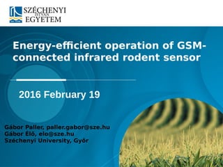 Energy-efficient operation of GSM-
connected infrared rodent sensor
Gábor Paller, paller.gabor@sze.hu
Gábor Élő, elo@sze.hu
Széchenyi University, Győr
2016 February 19
 