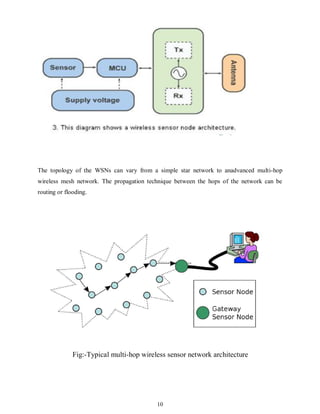 10
The topology of the WSNs can vary from a simple star network to anadvanced multi-hop
wireless mesh network. The propagation technique between the hops of the network can be
routing or flooding.
Fig:-Typical multi-hop wireless sensor network architecture
 