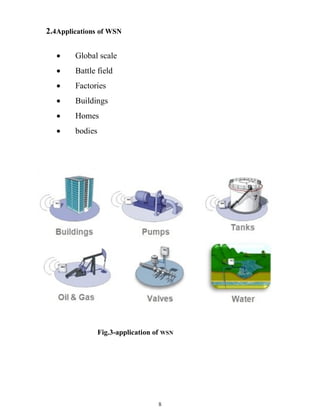 8
2.4Applications of WSN
 Global scale
 Battle field
 Factories
 Buildings
 Homes
 bodies
Fig.3-application of WSN
 