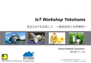 身近なIoTを目指して ～最新技術と利用事例～
Sensor Network Consortium
2018/11/14
〒221-0822 横浜市神奈川区西神奈川１－７－８
ことぶきビル２Ａ info@sensor-network.jpwww.sensor-network.jp
IoT Workshop Yokohama
 