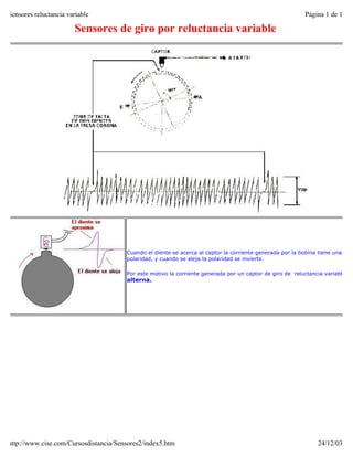Sensores reluctancia variable                                                                              Página 1 de 1

                       Sensores de giro por reluctancia variable




                                       Cuando el diente se acerca al captor la corriente generada por la bobina tiene una
                                       polaridad, y cuando se aleja la polaridad se invierte.

                                       Por este motivo la corriente generada por un captor de giro de reluctancia variable es
                                       alterna.




http://www.cise.com/Cursosdistancia/Sensores2/index5.htm                                                       24/12/03
 