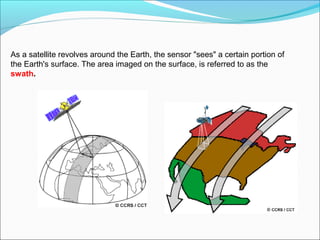 As a satellite revolves around the Earth, the sensor "sees" a certain portion of
the Earth's surface. The area imaged on the surface, is referred to as the
swath.
 