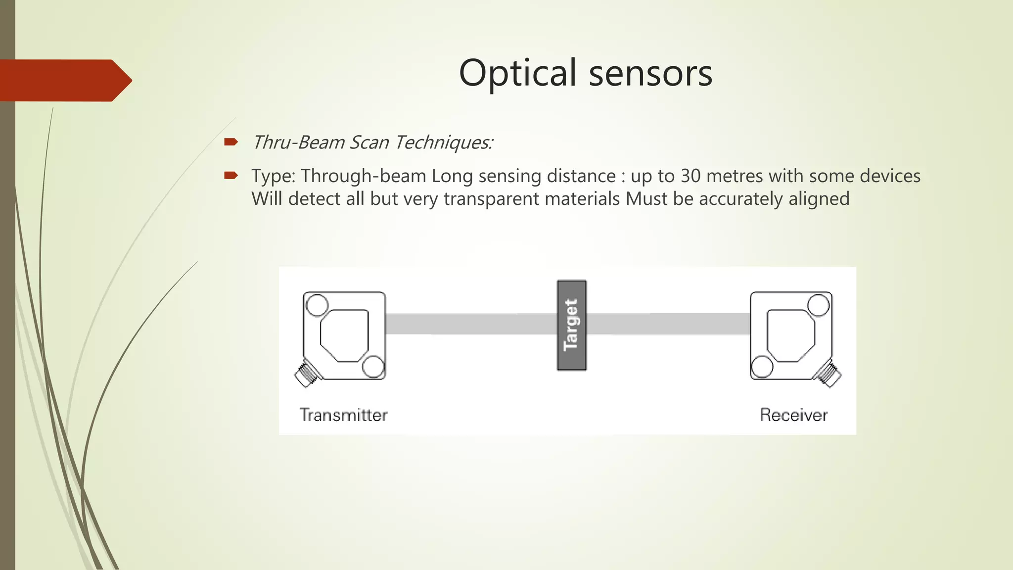 Optical sensors
 Thru-Beam Scan Techniques:
 Type: Through-beam Long sensing distance : up to 30 metres with some devices
Will detect all but very transparent materials Must be accurately aligned
 