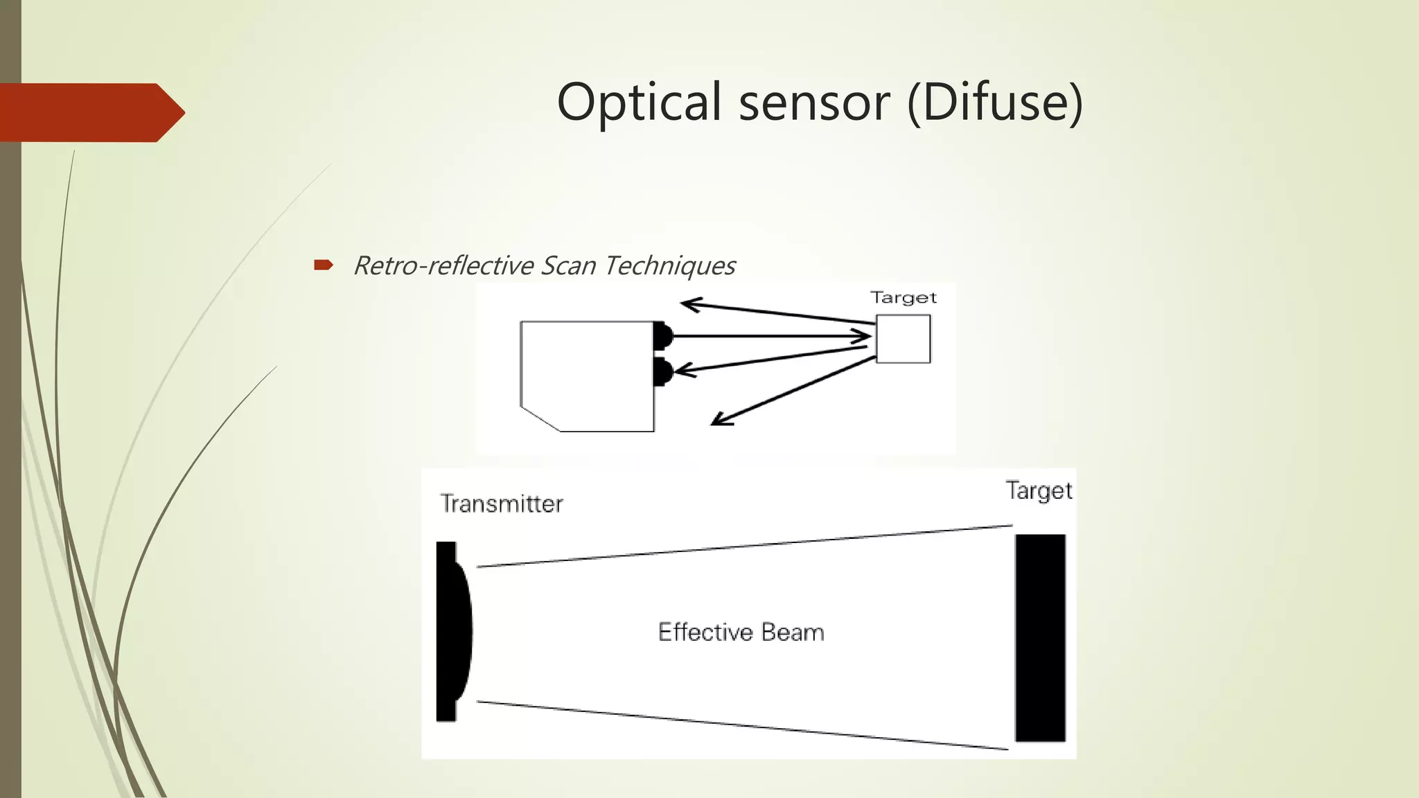 Optical sensor (Difuse)
 Retro-reflective Scan Techniques
 