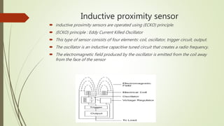 Inductive proximity sensor
 inductive proximity sensors are operated using (ECKO) principle.
 (ECKO) principle : Eddy Current Killed Oscillator
 This type of sensor consists of four elements: coil, oscillator, trigger circuit, output.
 The oscillator is an inductive capacitive tuned circuit that creates a radio frequency.
 The electromagnetic field produced by the oscillator is emitted from the coil away
from the face of the sensor
 