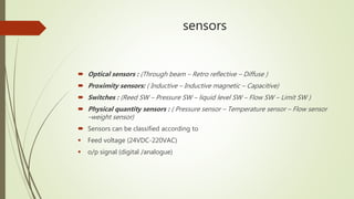 sensors
 Optical sensors : (Through beam – Retro reflective – Diffuse )
 Proximity sensors: ( Inductive – Inductive magnetic – Capacitive)
 Switches : (Reed SW – Pressure SW – liquid level SW – Flow SW – Limit SW )
 Physical quantity sensors : ( Pressure sensor – Temperature sensor – Flow sensor
–weight sensor)
 Sensors can be classified according to
 Feed voltage (24VDC-220VAC)
 o/p signal (digital /analogue)
 