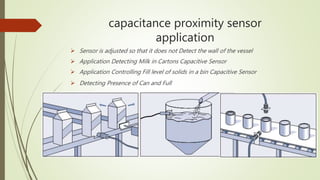 capacitance proximity sensor
application
 Sensor is adjusted so that it does not Detect the wall of the vessel
 Application Detecting Milk in Cartons Capacitive Sensor
 Application Controlling Fill level of solids in a bin Capacitive Sensor
 Detecting Presence of Can and Full
 