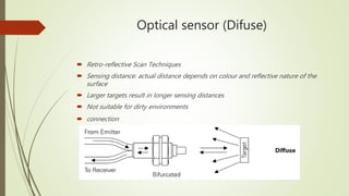 Optical sensor (Difuse)
 Retro-reflective Scan Techniques
 Sensing distance: actual distance depends on colour and reflective nature of the
surface
 Larger targets result in longer sensing distances
 Not suitable for dirty environments
 connection
 