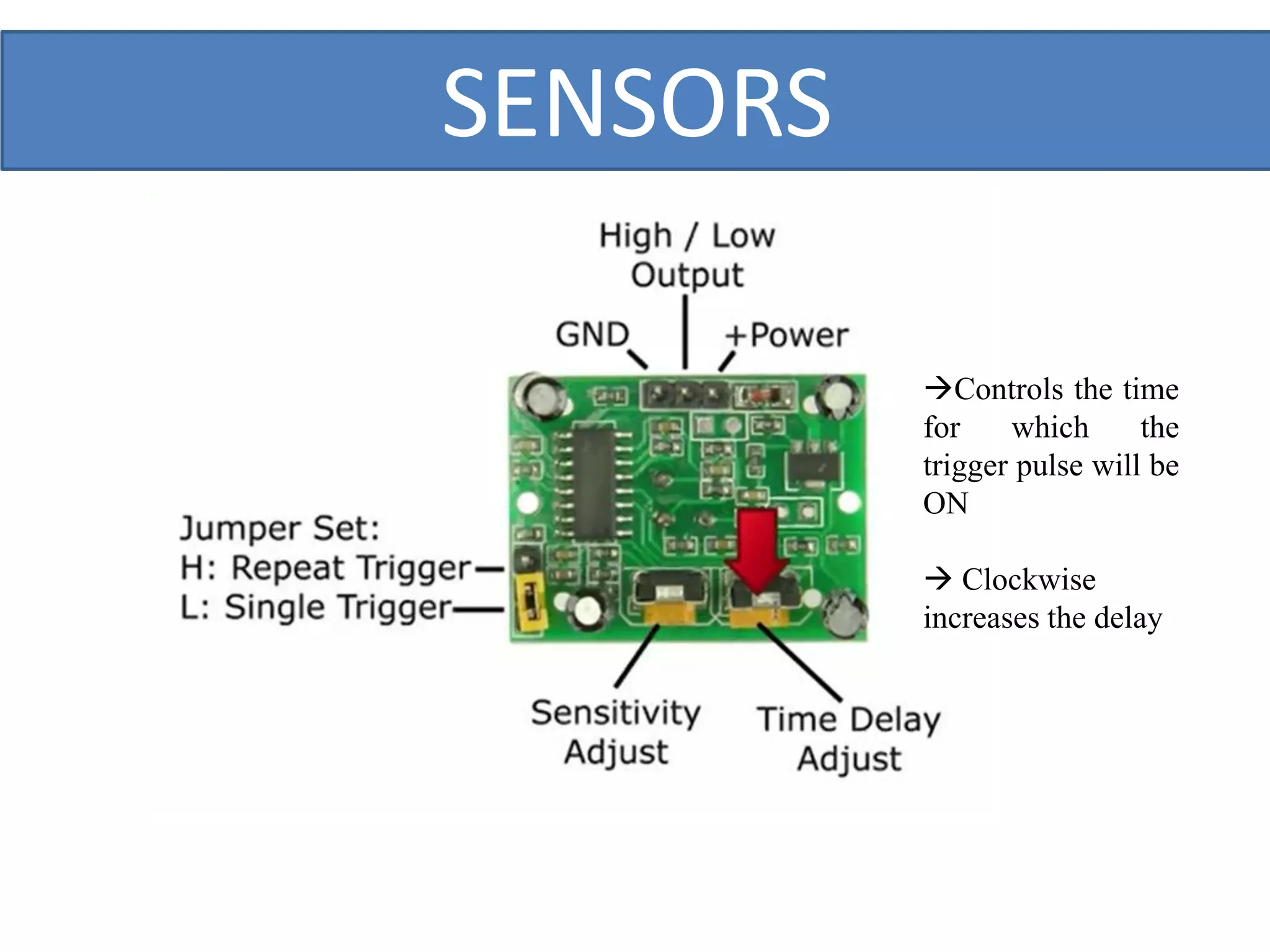 SENSORS
Controls the time
for which the
trigger pulse will be
ON
 Clockwise
increases the delay
 