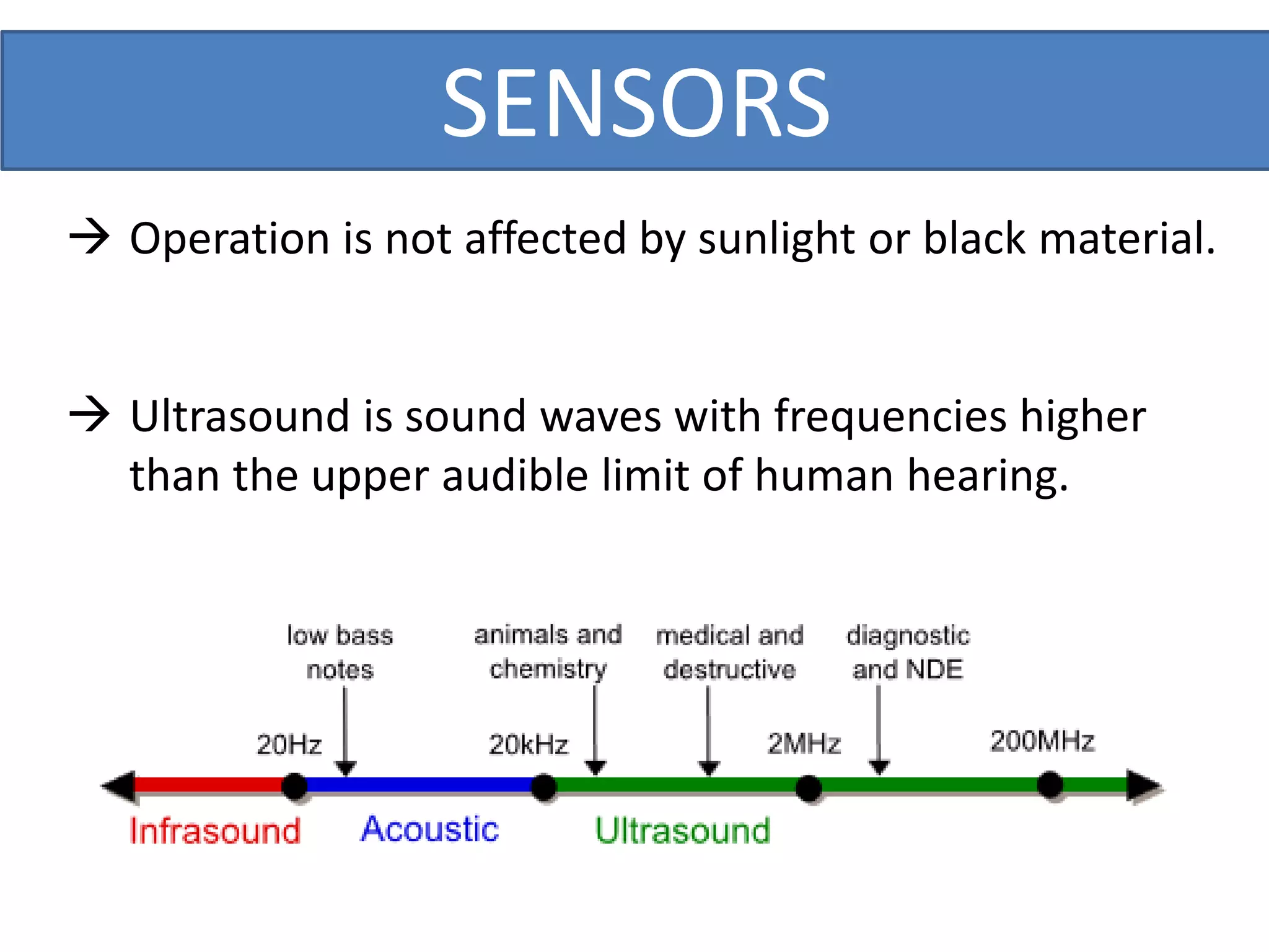 SENSORS
 Operation is not affected by sunlight or black material.
 Ultrasound is sound waves with frequencies higher
than the upper audible limit of human hearing.
 